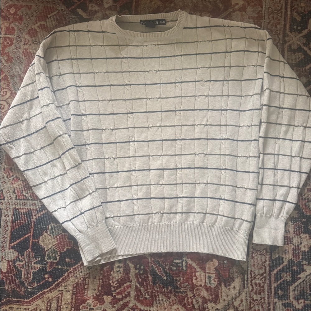 Nautica Cream and Navy Crewneck Sweater